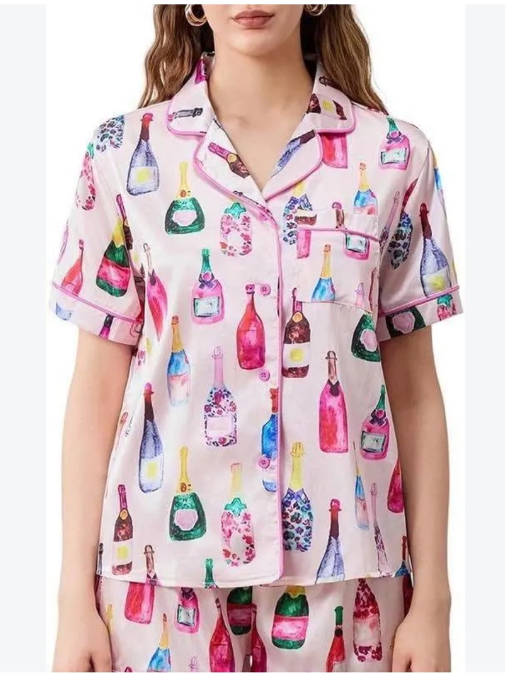Women’s Pink Champagne Bottle-Print Pajama Set
